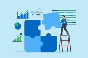 Matching together market strategies, comprehensive data analysis, problem-solving, visualizing business growth concept illustration. Analyst assembling jigsaw puzzle with bar graphs vector