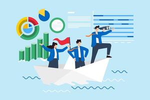 Navigating market trends, strategic foresight, adapting to economic changes, data-driven decision-making concept illustration. Analysts sailing on paper boat with financial charts vector