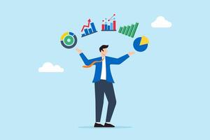 Managing multiple market strategies, balancing data insights, dynamic business planning, data-driven multitasking concept illustration. Analyst juggling financial charts vector