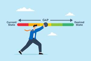 Strategic planning analysis concept illustration with business analysts pull gap between current and desired state vector
