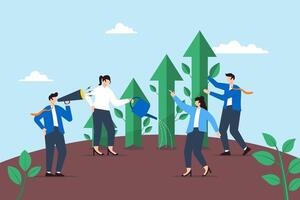 Cultivating market growth, nurturing business strategies, data-driven success, collaboration planning concept illustration. Team of analysts planting and watering garden of upward bar graphs vector
