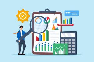 Reviewing financial statements for accuracy, ensuring compliance with regulations, audit analysis concept illustration. Business analyst auditing documents vector
