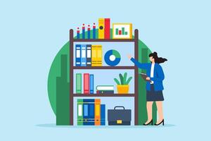 Business knowledge management, strategic data organization, comprehensive analysis, systematic planning concept illustration. Analyst organizing bookshelf of financial reports vector