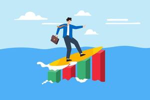 Riding market waves, strategic agility, data-driven adaptability, navigating economic trends concept illustration. Businessman surfing on bar graphs vector