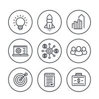 startup line icons in circles over white, product launch, funding, initial capital, contract, growth, target market vector