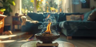 Smoldering Incense Bowl on Wooden Table in Living Room photo