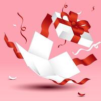 open box releases confetti, red ribbon vector
