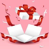 Open box with confetti showering. seen from the front vector
