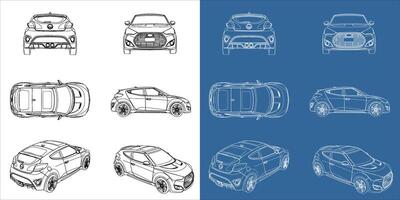Set Crossover Car blueprint or wireframe in outline. vector