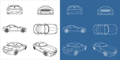 sport car coupe sedan all view drawing outlines. blueprint line wireframe z4 concept with transparent background vector