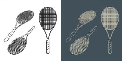 set of tennis racket line art blueprint wireframe vector