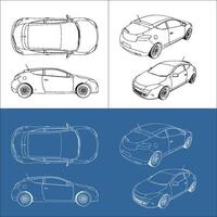coupe hatchback car line art draw blueprint wireframe from all view top corner side back isolated in transparent background vector