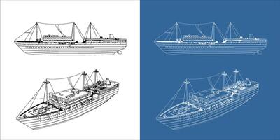 Set container ship or cargo shipping business. Logistic freight transportation blueprint or wireframe outline. vector