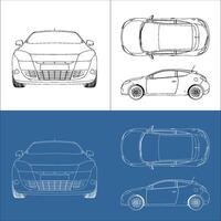 coupe hatchback car line art draw blueprint wireframe from all view top corner side back isolated in transparent background vector