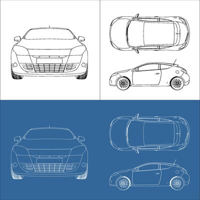 coupe hatchback car line art draw blueprint wireframe from all view top corner side back isolated in transparent background