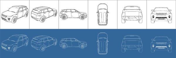 SUV car line art draw blueprint wireframe from all view top corner side back isolated in transparent background vector