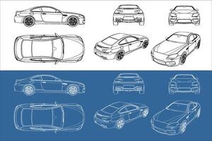sport car line art draw blueprint wireframe from all view top corner side back isolated in transparent background vector