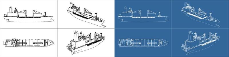 Set cargo ship Worldwide. Blueprint and wireframe mesh art. Transportation, logistic, shipping concept illustration with all side isolated on a transparent background. vector