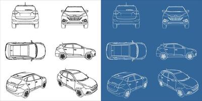 Set hatchback Car blueprint in outline. illustration vehicle template with all side and isolated in transparent background vector