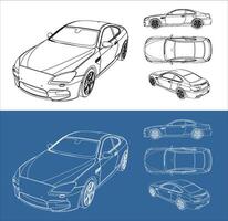 sport car line art draw blueprint wireframe from all view top corner side back isolated in transparent background vector