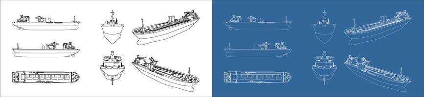 et large cargo ship container outline. Blueprint wireframe line drawing for template with all side and isolated on transparent background vector