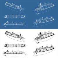 Set Container ship or cargo shipping business. logistic freight transportation blueprint or wireframe in outline. illustration for template with all side and isolated in transparent background vector