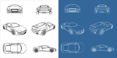 et of sport car sedan coupe blueprint wireframe concept with different shot view isolated in transparent background vector