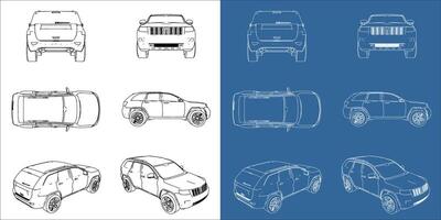 SUV car off road all view drawing outlines. blueprint wireframe line concept with transparent background vector