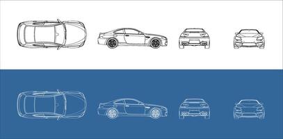 sport car line art draw blueprint wireframe from all view top corner side back isolated in transparent background vector