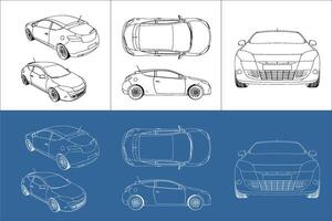 coupe hatchback car line art draw blueprint wireframe from all view top corner side back isolated in transparent background vector