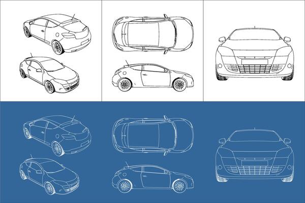 coupe hatchback car line art draw blueprint wireframe from all view top corner side back isolated in transparent background