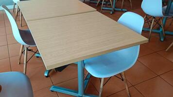 Empty tables and benches in a restaurant. photo