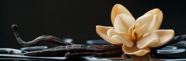 Brown Orchid and Dried Vanilla Beans on Black Background photo
