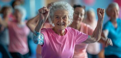 Senior Woman Enjoys Energetic Group Exercise Class photo