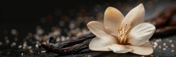 Brown Orchid and Dried Vanilla Beans on Black Background photo