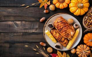 Roasted Chicken With Corn and Pumpkins on a Dark Wooden Table photo