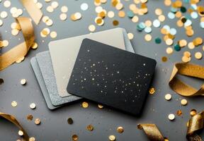 Black Card With Gold Glitter on Gray Background photo