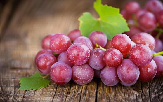 Red Grapes With Dew on Wooden Surface photo