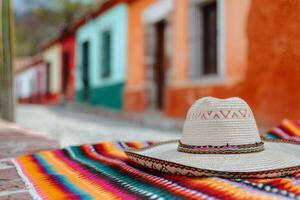 Straw Hat on Colorful Blanket in Mexico photo