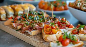 Sausage and Tomato Bites on a Wooden Cutting Board photo