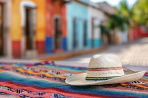 Straw Hat on Colorful Blanket in Mexico photo