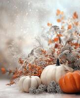 White Pumpkins and Berries on a Fall Table photo