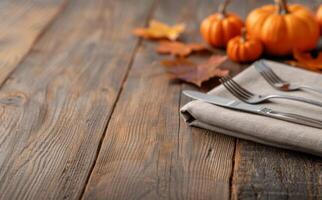 Pumpkins And Candles On Wooden Table photo