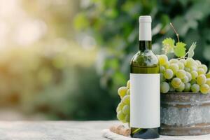 White Wine Bottle With Grapes on Table photo