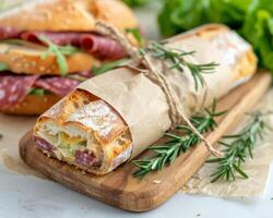 Salami and Cheese Sandwich Wrapped in Paper photo