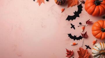 Halloween Pumpkins and Bats on Orange Background photo