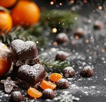 Chocolate and Tangerines With Snowfall photo