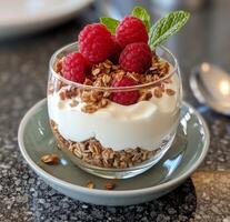 Yogurt Parfait With Granola and Raspberries photo