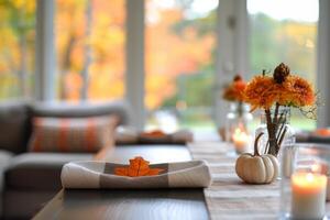 Fall Table Setting With Autumn Leaves photo