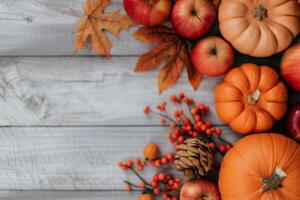 Autumn Produce on Wooden Background photo